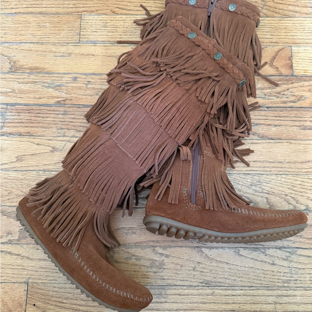 Minnetonka Fringe Moccasin Boots - Brown 5 layer Fringe